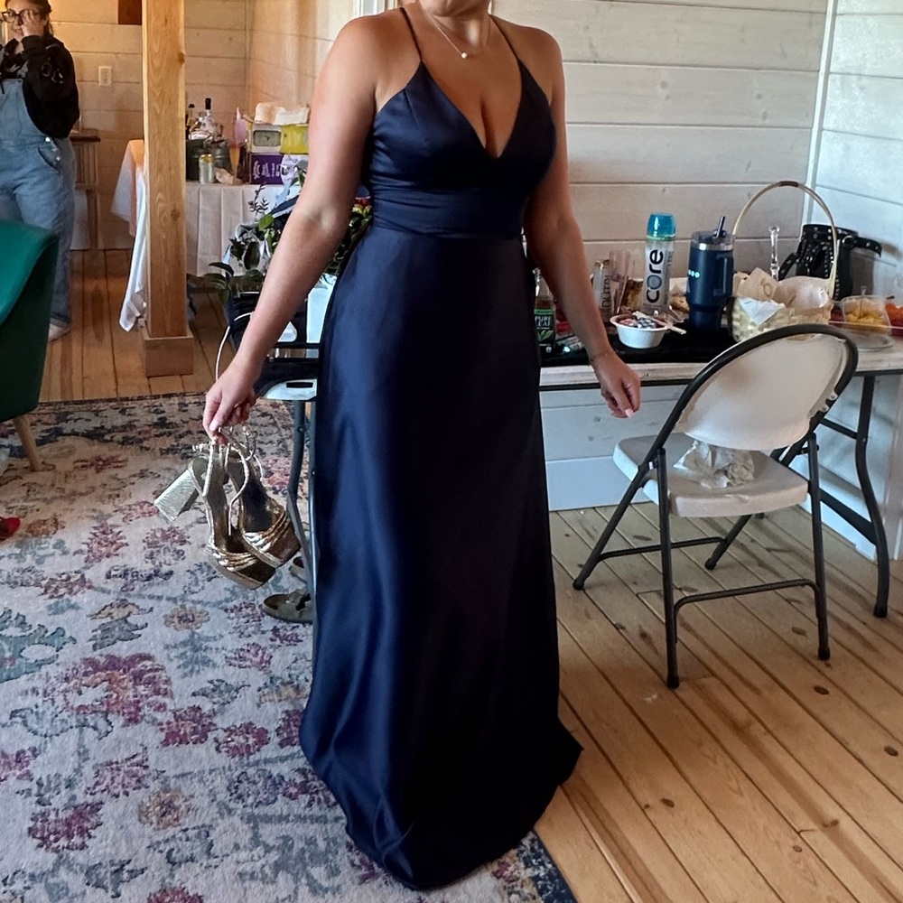 Navy blue satin bridesmaids dress